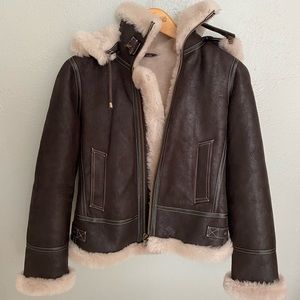 Jane Sheepskin bomber jacket with detachable hood.